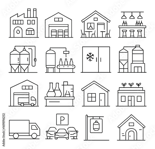 Urban buildings linear icon set. featuring factory, garage, restaurant, bar, warehouse, laboratory, and house symbols