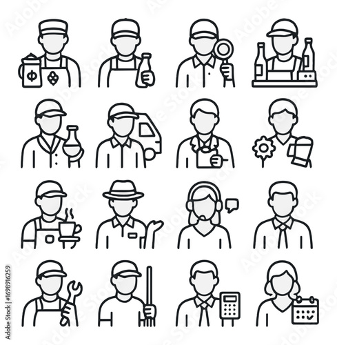 Profession linear icon set. featuring barista, chemist, delivery, receptionist, and repairman symbols