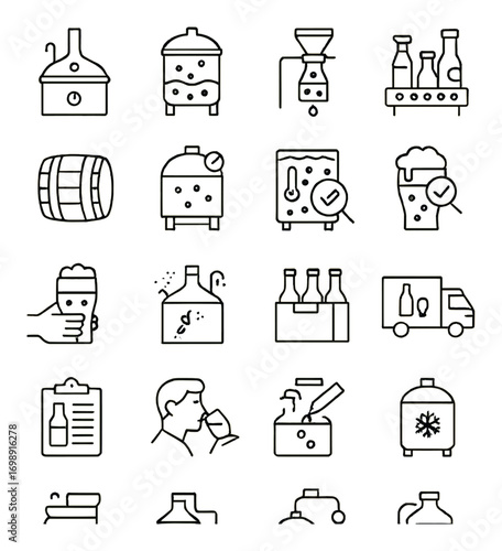 Brewery process linear icon set. featuring brewing, fermentation, bottling, tasting, delivery, and more symbols