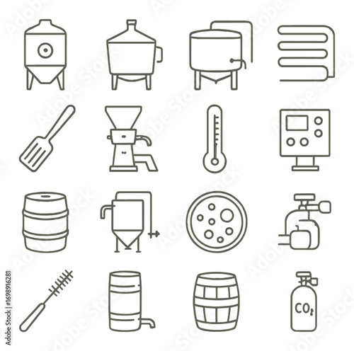 Beer brewing equipment linear icon set. featuring fermenter, thermometer, barrel, and keg symbols