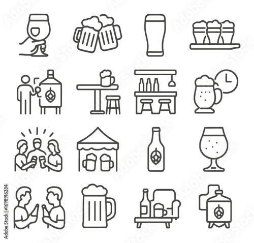 Brewery and beer linear icon set. featuring glass, mugs, beer, brewery, tasting, bottles, friends, and bar symbols