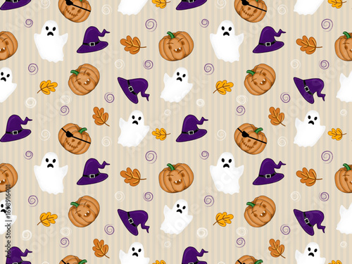 Seamless pattern of halloween with pumpkins , autumn leaves, white ghosts and witch hats on vertical striped background.