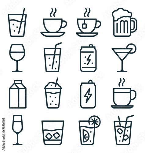Beverage linear icon set. featuring coffee, tea, beer, wine, soda, martini, milk, juice, cocktail, energy drink symbols