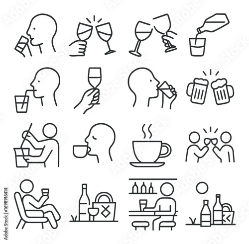 Beverage consumption linear icon set. featuring cheers, wine, beer, coffee, and cocktails symbols