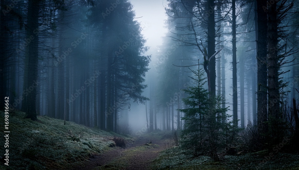 Naklejka premium a chilling cinematic walk through a dark mystical forest shrouded in dense fog where tall fir trees loom silently in a fairytale like atmosphere