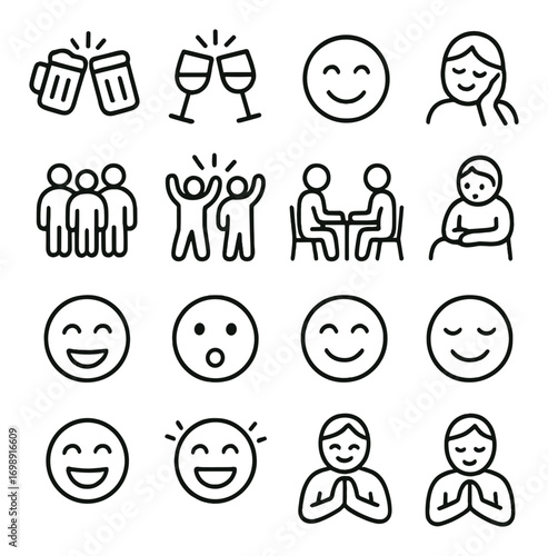 Social interactions linear icon set. featuring cheers, smile, conversation, group, meditation, and celebration icons
