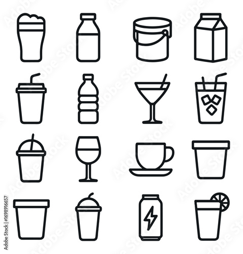 Beverage linear icon set. featuring beer, bottle, paint bucket, milk carton, and cocktail symbols