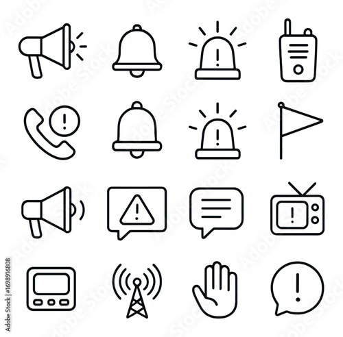Emergency communication linear icons set. featuring alarm, bell, siren, walkie-talkie, flag, phone, notification