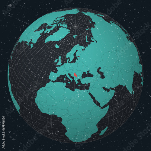 Republic of Serbia on Globe. Vintage look with grunge scratched texture. Country view on world map in Dark Charcoal Turquoise color palette. Serbia shape on map. Globe with meridians and parallels.