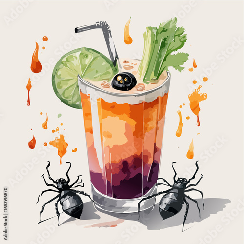 Halloween Bloody Mary Vector Cocktail Collection with Creepy Garnishes and Spooky Flair