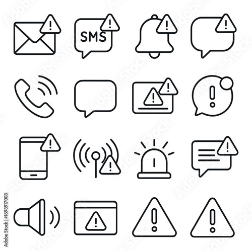 Alert notifications linear icon set. featuring email, sms, bell, chat, phone, and warning symbols