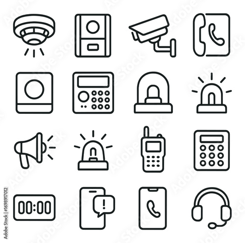 Security and communication linear icon set. featuring alarm, cctv, phone, intercom, calculator, and megaphone symbols