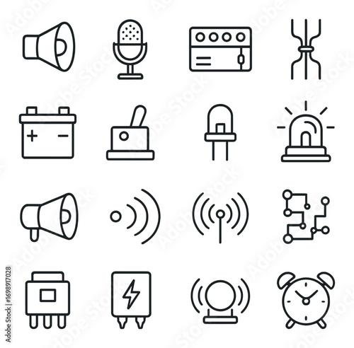 Audio and alert linear icon set. featuring speaker, microphone, equalizer, battery, and alarm clock symbols