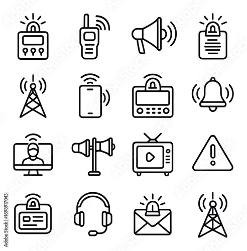 Security and communication linear icons set. featuring lock, radio, speaker, document, antenna, mobile, keypad