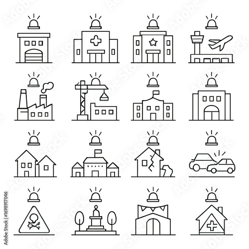 Building and safety linear icon set. featuring hospital, airport, factory, construction, houses, and warning symbols