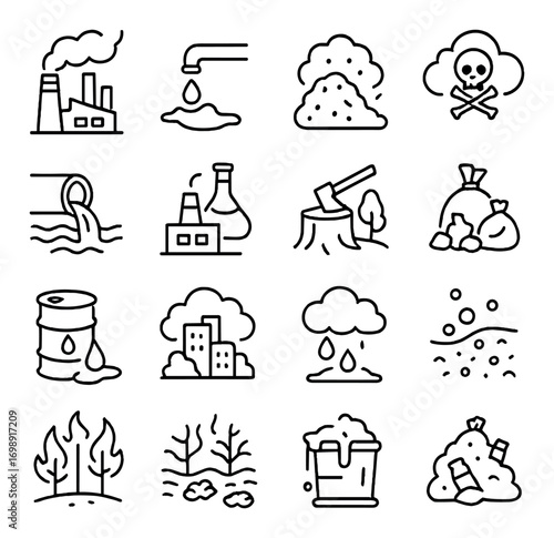 Environmental issues linear icon set. featuring pollution, deforestation, waste, acid rain, and climate change symbols