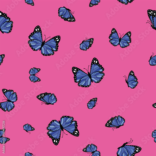 Brilliant Blue Morpho Butterflies Scattered on a Shocking Hot Pink Background creating a seamless pattern print