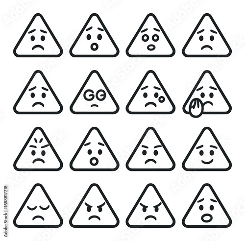 Emotion expression triangle flat icon set. featuring sad, confused, happy, sleepy, and surprised faces