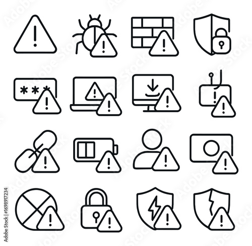 Security linear icon set. featuring alert, bug, firewall, shield, password, laptop, and download symbols
