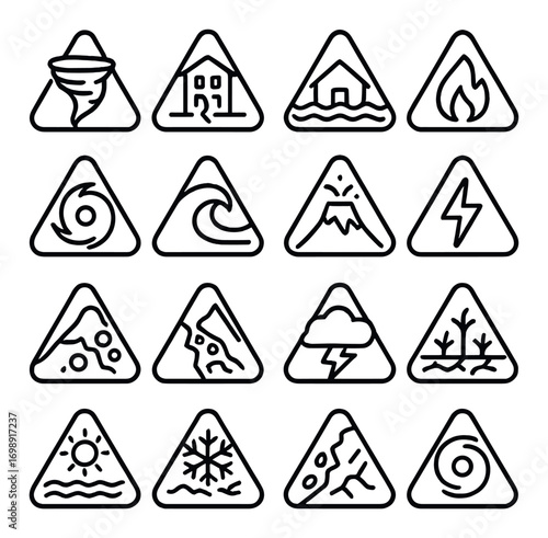 Weather and natural disasters linear icon set. featuring tornado, flood, volcano, storm, earthquake, tsunami symbols