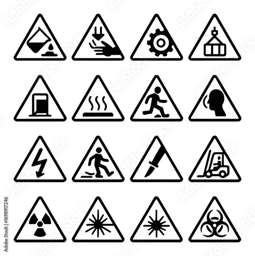 Safety warnings silhouette icon set. featuring chemical, burn, machinery, explosion, electrical, and biohazard symbols