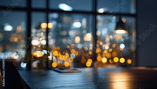 Cityscape night view through a modern interior window