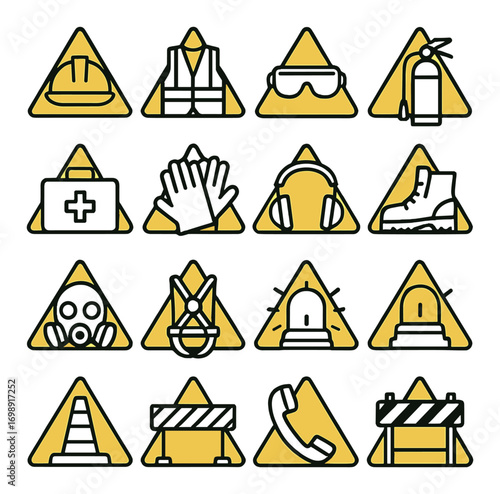 Safety equipment flat icon set. featuring helmet, vest, goggles, extinguisher, kit, gloves, headphones
