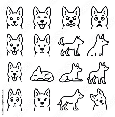 Dog expressions linear icon set. featuring happy, sad, angry, curious, playful, and sleeping dog symbols