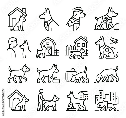 Pets and training linear icon set. featuring dog house, grooming, pet travel, obedience, and vet symbols