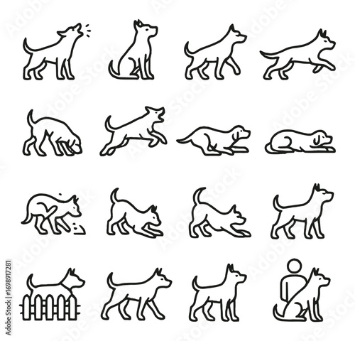 Dog activities linear icon set. featuring barking, sitting, walking, running, digging, playing, resting, and more