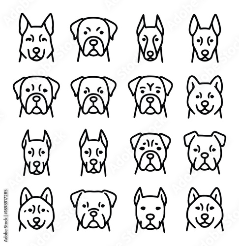 Dog breeds linear icons set. featuring german shepherd, bulldog, husky, and boxer