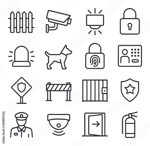 Security equipment linear icon set. featuring cctv, alarm, padlock, guard, dog, and access control symbols