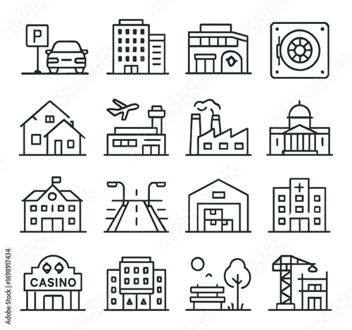 Facilities and infrastructure linear icon set. featuring parking, hospital, factory, bank, and airport symbols