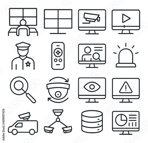 Security and surveillance linear icon set. featuring cctv, camera, monitor, alarm, detective, and analysis symbols
