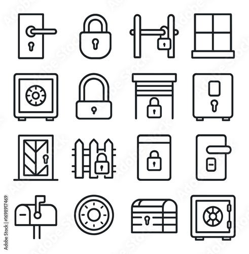 Safety and security linear icon set. featuring door handle, padlock, window, safe, and gate symbols