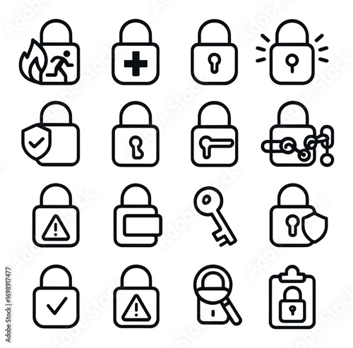 Security linear icon set. featuring padlock, key, shield, alarm, safety, firewall, secure access, and protection symbols