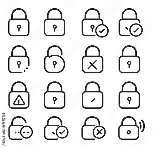 Security linear icon set. featuring locked, unlocked, check, error, warning, and access symbols