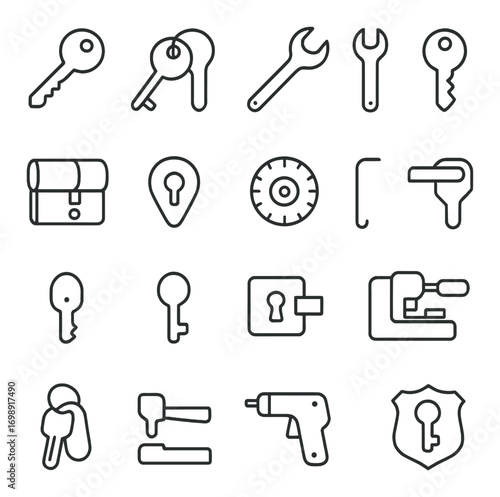 Security and tools linear icon set. featuring key, lock, wrench, chest, and safe icons