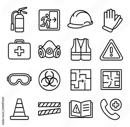 Safety equipment linear icon set. featuring hard hat, gloves, respirator, goggles, first aid kit, and warning symbols