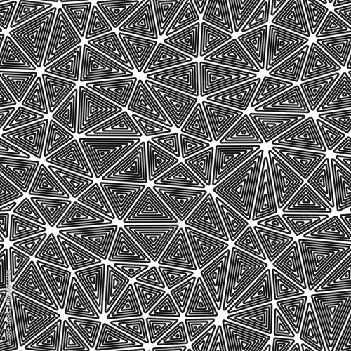 Geometric background. Medium triangles size. Multiple repeated inner triangles. Black and white style. Repeatable pattern. Awesome vector tiles. Seamless vector illustration.