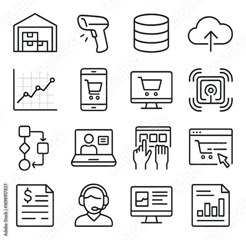 E-commerce and technology linear icon set. featuring warehouse, barcode scanner, database, cloud upload, analytics, mobile shopping, desktop shopping,