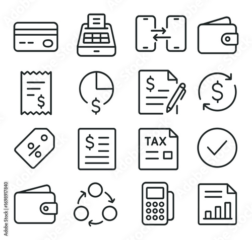 Finance and accounting linear icon set. featuring credit card, wallet, tax, and calculator symbols