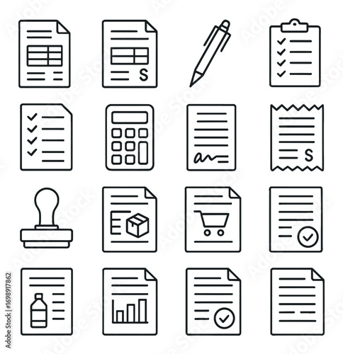 Business documents linear icon set. featuring spreadsheet, checklist, pen, calculator, and stamp symbols