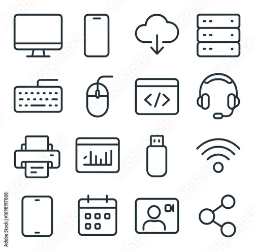Technology devices linear icon set. featuring monitor, smartphone, cloud, server, keyboard, mouse, code, headset, printer.