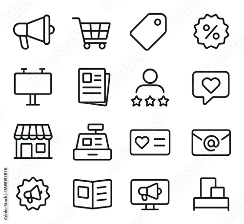 Retail and marketing linear icon set. featuring megaphone, cart, tag, discount, billboard, and review icons