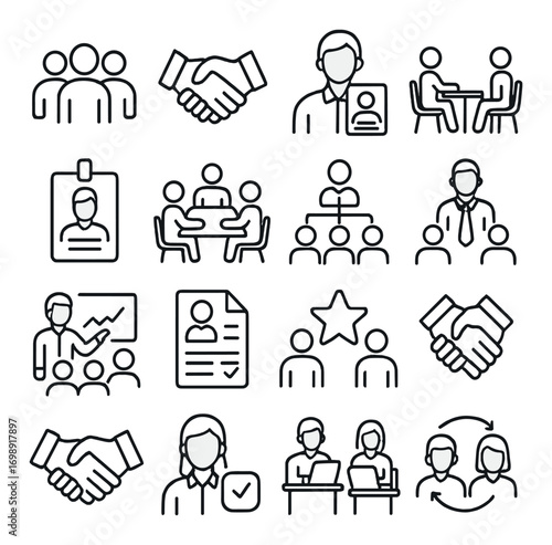 Business meeting linear icon set. featuring handshake, teamwork, manager, id badge, presentation, and networking symbols