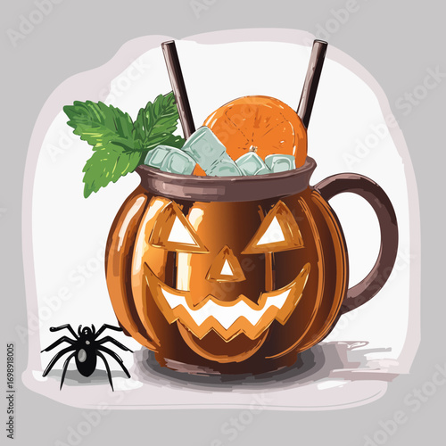 Spooky Pumpkin Mule Vector Cocktail Collection in Jack-O’-Lantern Mugs with Creepy Halloween Garnishes