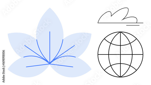 Minimalist lotus flower, geometric globe, and abstract cloud lines emphasize nature, harmony, sustainability, global connections, mindfulness, environmental awareness and innovation. Ideal