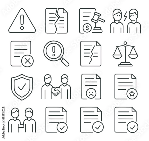 Legal documents and dispute linear icon set. featuring contract, lawsuit, warning, partnership, verdict, agreement.