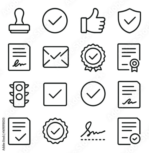 Approval and certification linear icon set. featuring stamp, checklist, thumbs-up, shield, document, and signature